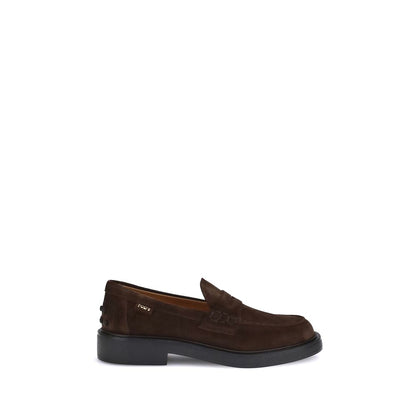 Tod's Brown Rubber Slip-On Loafers with suede finish, hand-stitched vamp, Tod's logo side label, and rubber pebble heel detail.