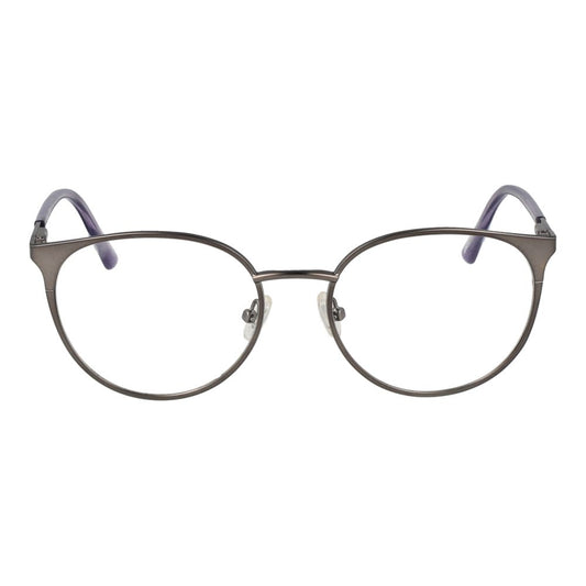 Guess Silver Women Glasses Frame, full-rim metal round eyeglasses with demo lenses in silver, spring hinge, includes branded case.