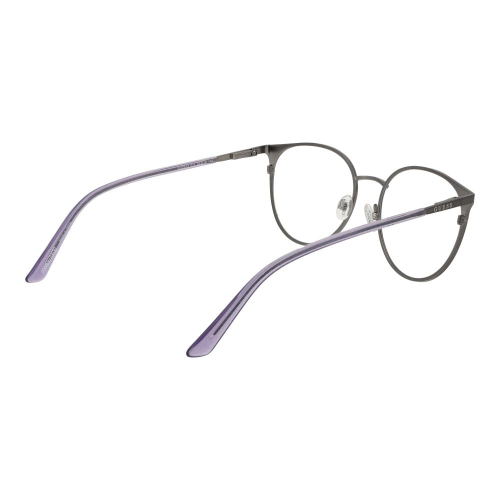 Alt Tag: Guess Silver Women Glasses Frame in round full-rim style with metal frames and spring hinge, featuring demo lenses.