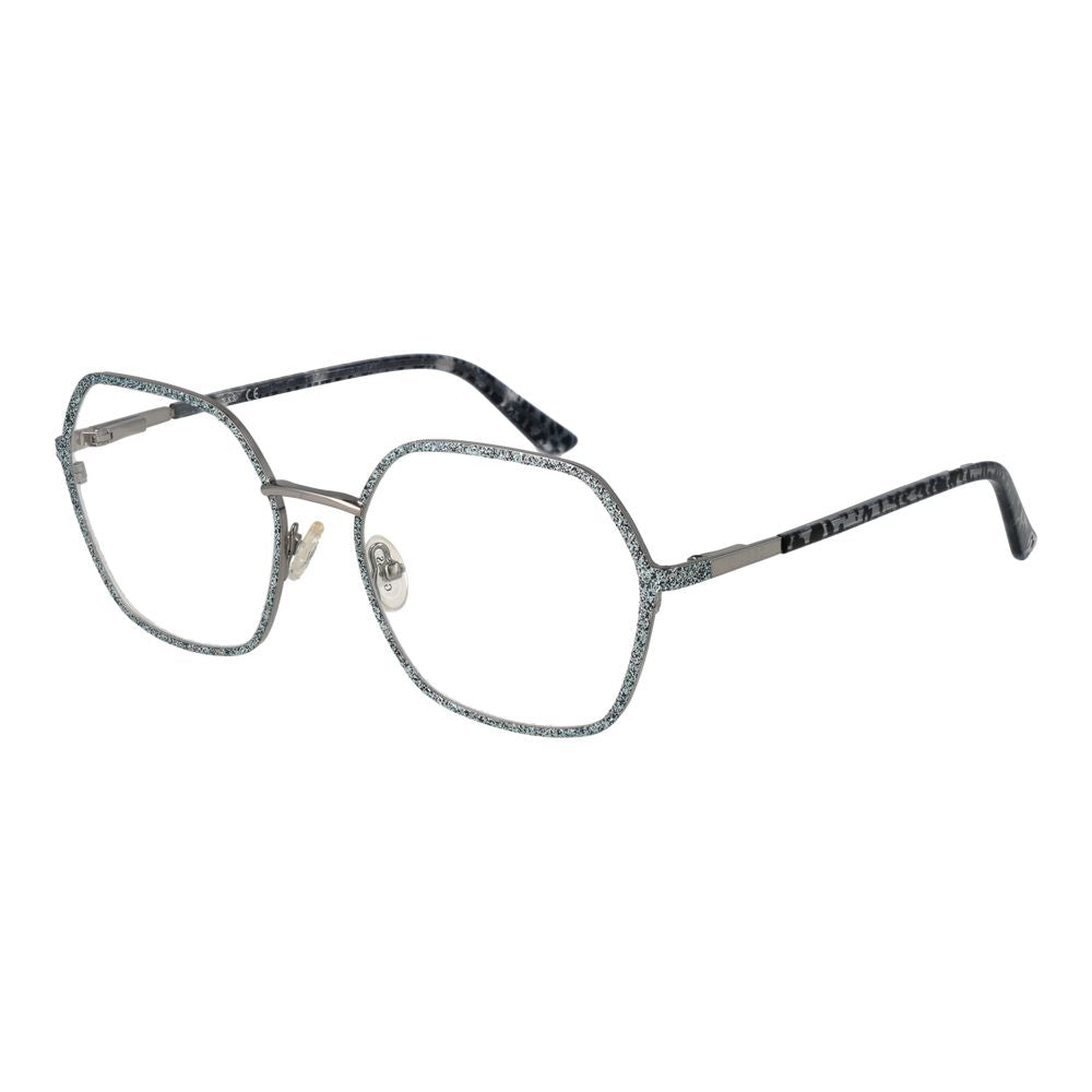 Guess Silver Women Glasses Frame, silver metal rectangle full-rim, demo lenses, spring hinge, sizes 55-19-140, branded case included.