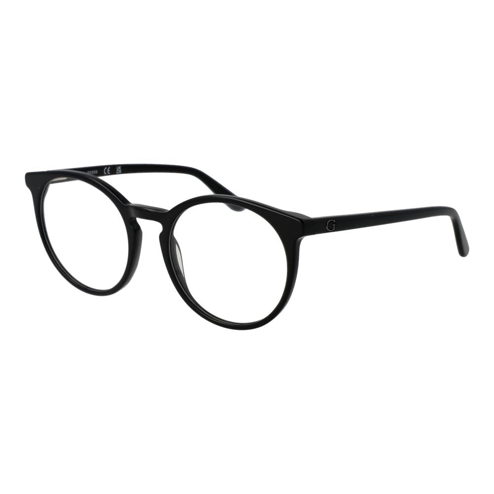 Guess Black Women Glasses Frame, round full-rim acetate, demo lenses, 53mm width, with spring hinge, includes branded case.