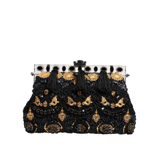 Dolce & Gabbana Black Tassel Gold Baroque Crystal Evening Clutch Bag