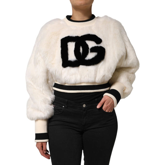 Dolce & Gabbana White Cropped Faux Fur DG Sweatshirt Sweater TSH90598-40