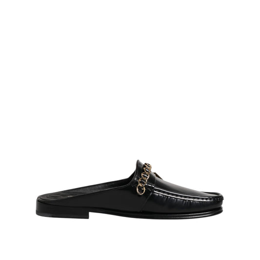 Dolce & Gabbana Black Leather DG Chain Embellished Sandals Shoes