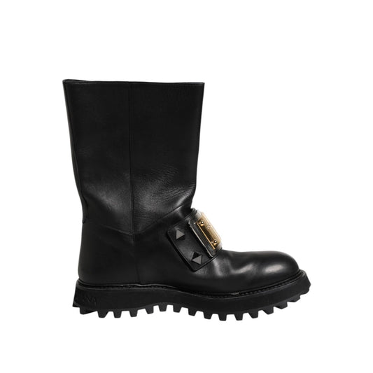 Dolce & Gabbana Black Leather DG Logo Plaque High Boots Shoes