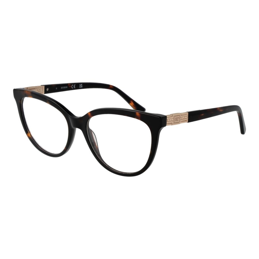 Guess Brown Women Glasses Frame in acetate full-rim cat eye style with demo plastic lenses, size 54-16-140, includes branded case.