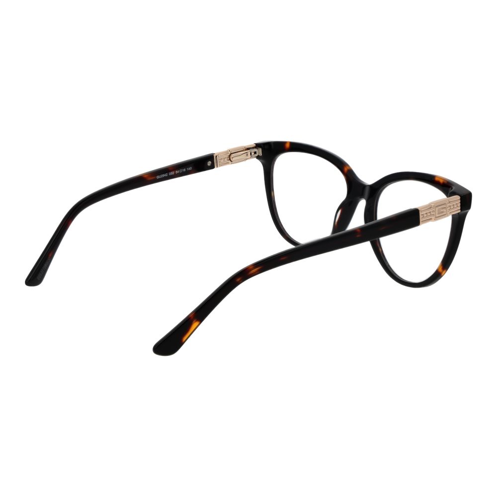Guess Brown Women Glasses Frame in acetate, cat eye style, full-rim with demo lenses, spring hinge, size 54-16-140, brown color.