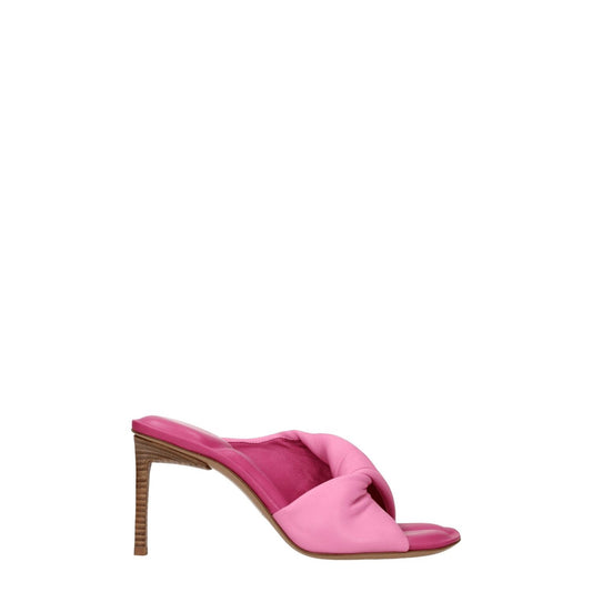 Jacquemus Pink Leather Stiletto Heel Sandals with open toe design and mid heel, styled for casual elegance.