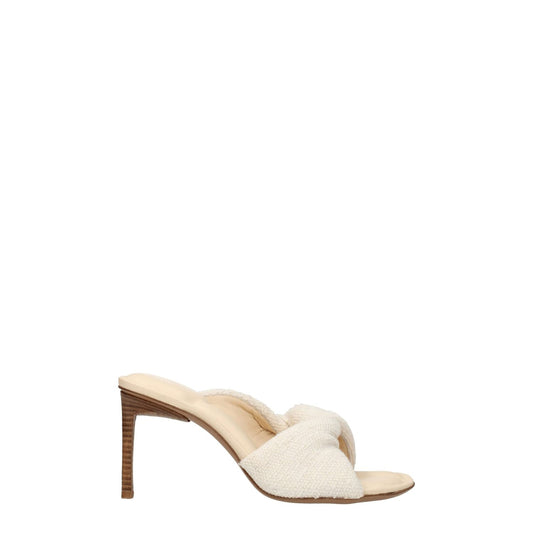 Jacquemus Beige Fabric Stiletto Heel Sandals with open toe and mid heels, featuring a leather sole and vintage style.