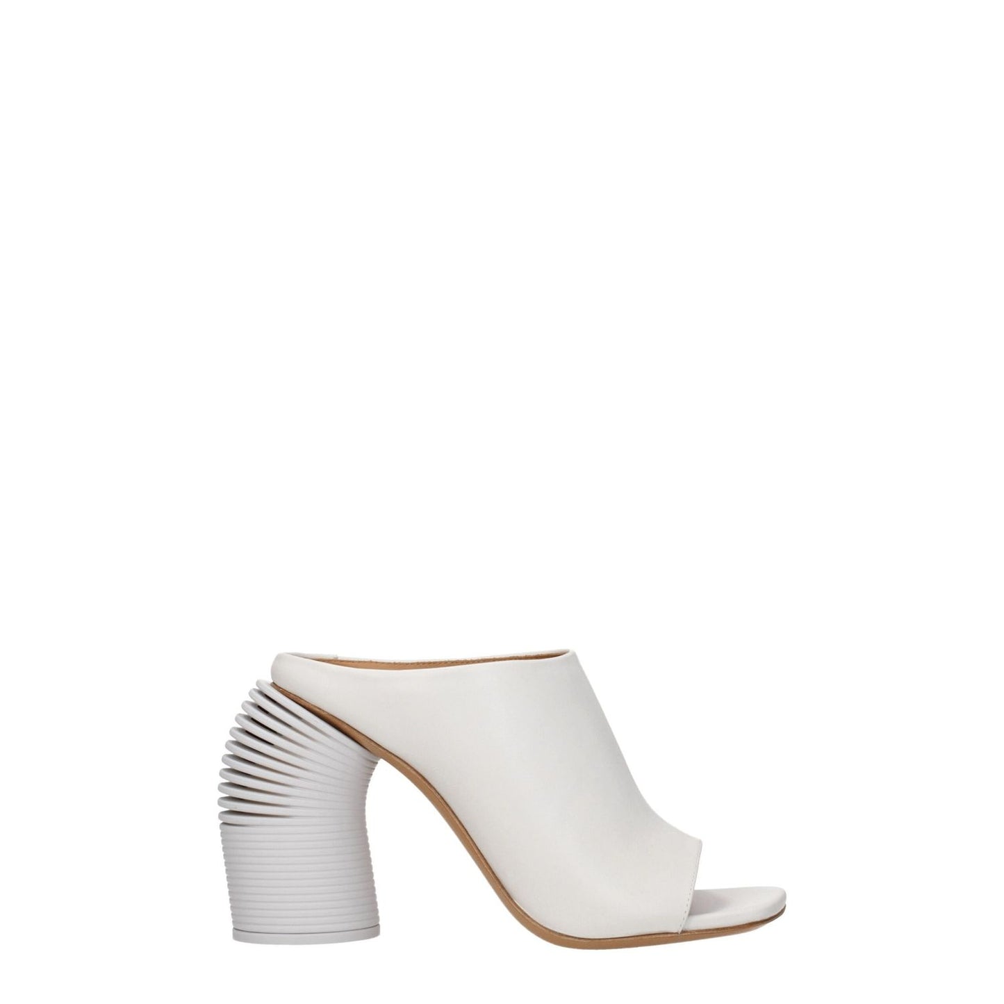 Off-White White Leather Platform Sandals with high heel and open toe design, casual style, white leather with unique textured heel.