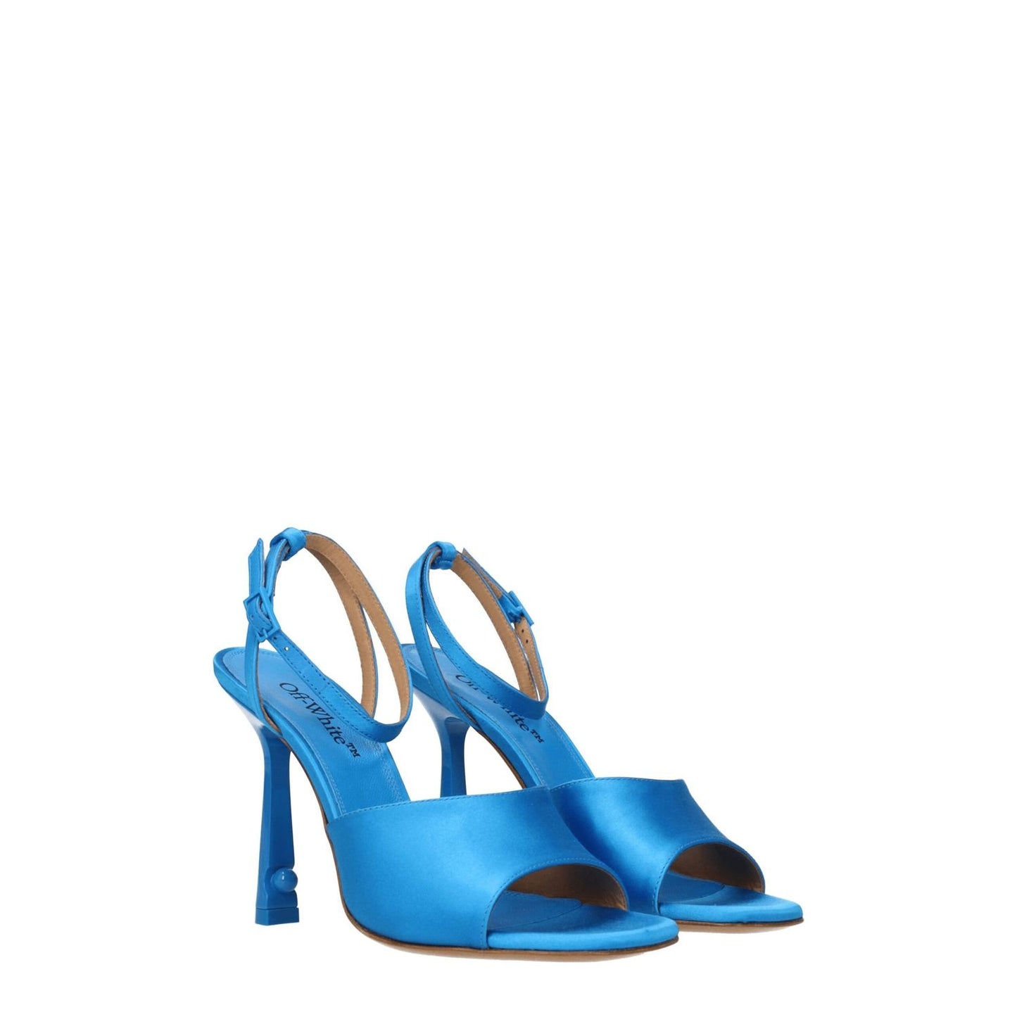 Off-White Blue Satin Stiletto Heel Sandals with open toe, leather sole, and buckle closure; high fashion casual footwear.