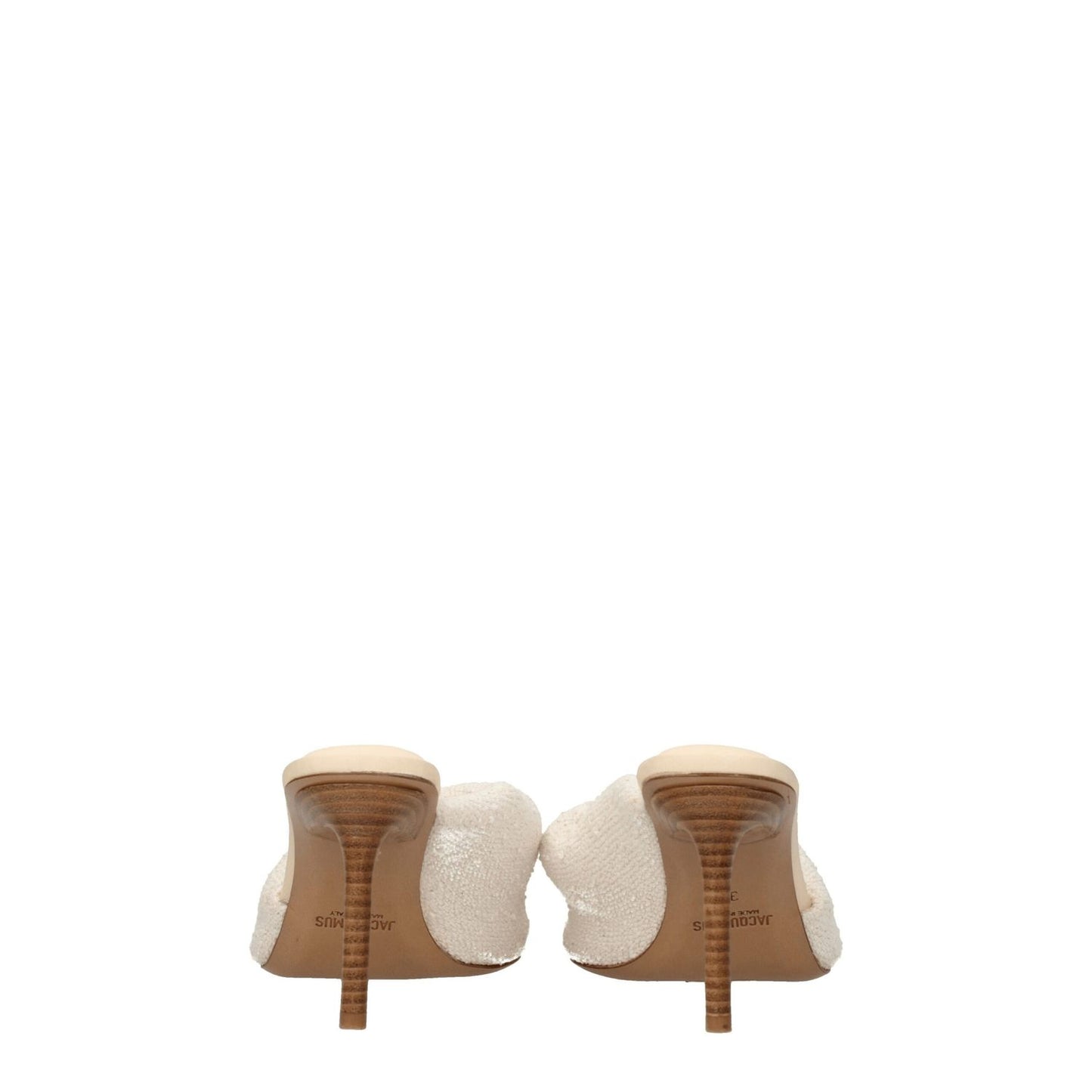 Rear view of Jacquemus Beige Fabric Stiletto Heel Sandals featuring open toe design and mid heels in off-white and beige colors.