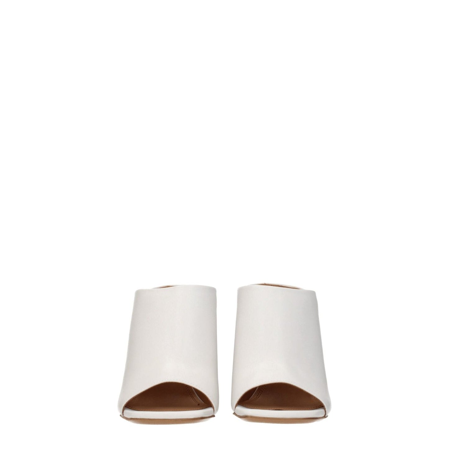 Front view of Off-White White Leather Platform Sandals with open toe and high heel design.