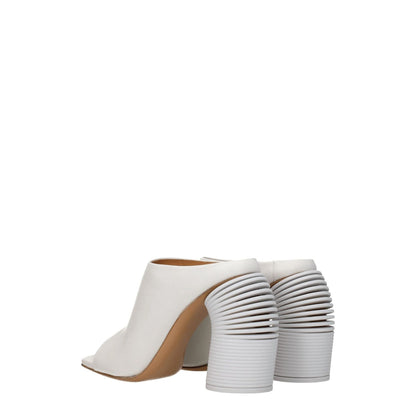 Off-White White Leather Platform Sandals, open toe, high heel, with white leather design and unique heel detail, casual style.
