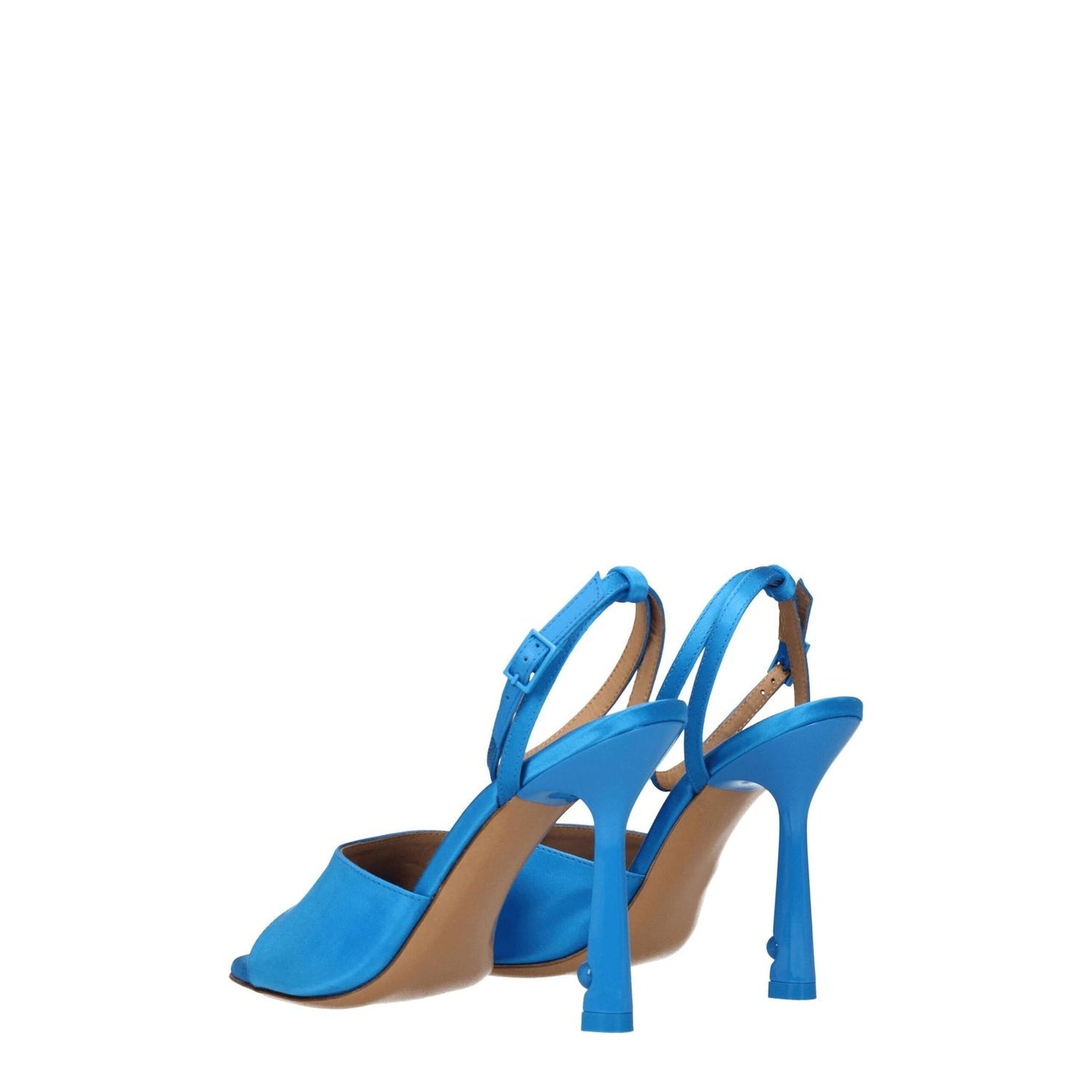 Off-White Blue Satin Stiletto Heel Sandals with buckle closure and open toe design, showcasing leather soles and high heels.