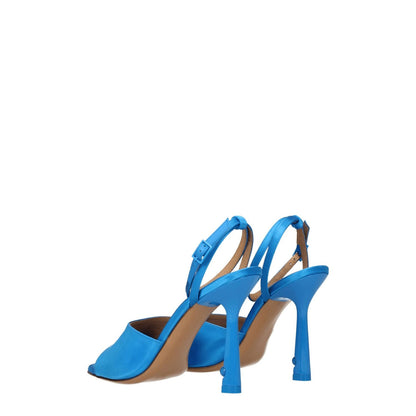 Off-White Blue Satin Stiletto Heel Sandals with buckle closure and open toe design, showcasing leather soles and high heels.