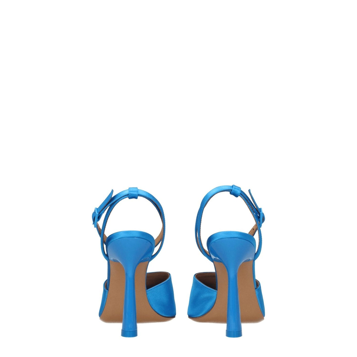 Off-White Blue Satin Stiletto Heel Sandals with buckle closure and open toe, high heel, leather sole, and sea secondary color, back view.