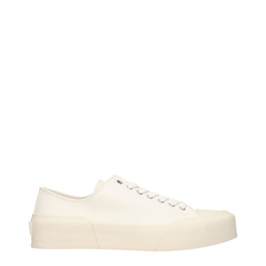 Jil Sander Beige Fabric Low Top Sneakers, sporty glam style with lace-up closure and rubber sole, round toe, mid heels in beige and ivory.