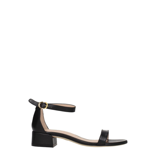 Stuart Weitzman Black Leather Flat Sandals with gold buckle, mid heels, and open toe design, ideal for casual wear.