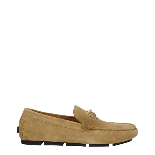 Versace Beige Leather Slip-On Loafers made of suede with gold logo, round toe, leather sole, low flat heel. Casual style footwear in sand color.