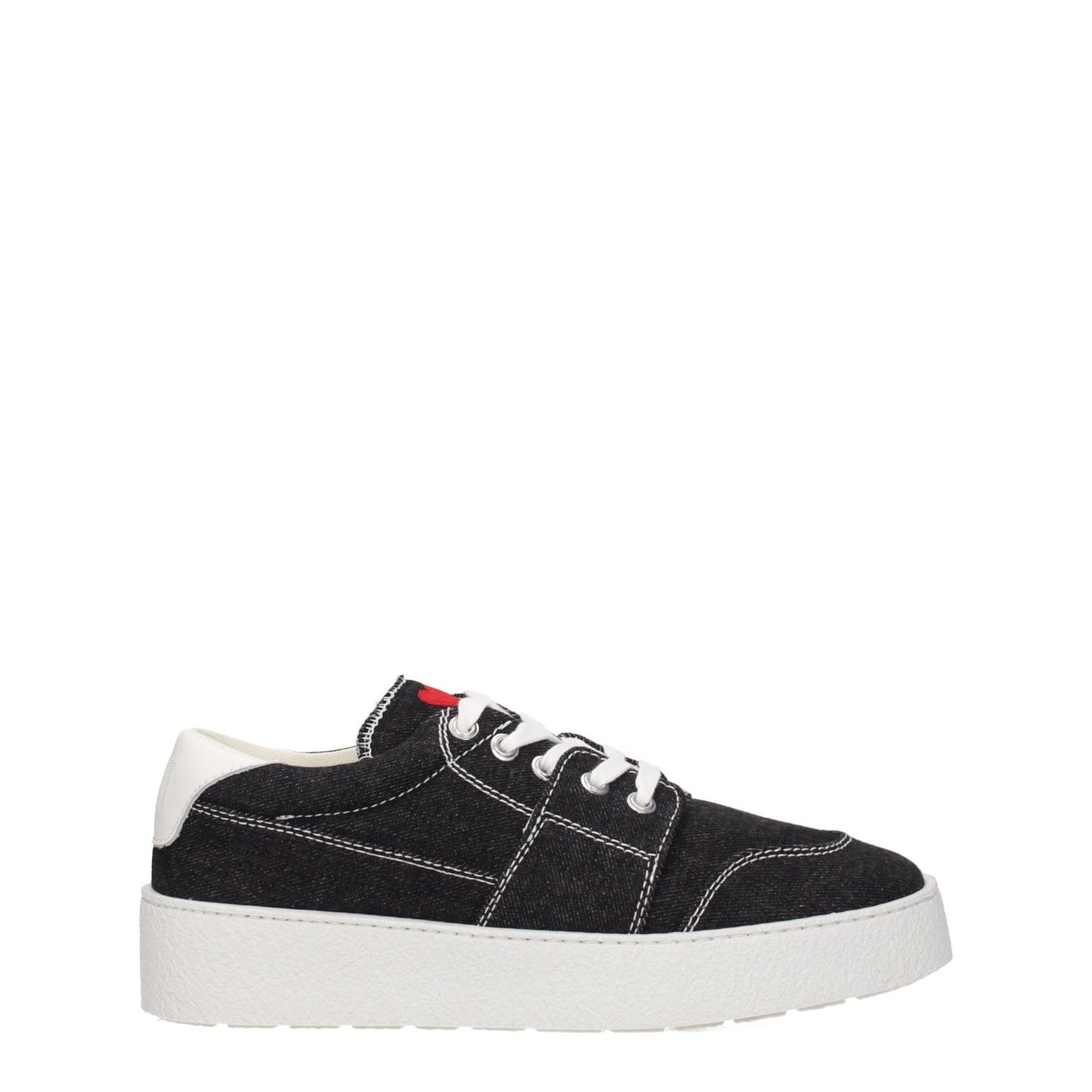 Ami Paris Black Fabric Low Top Sneakers with white rubber sole and lace-up closure, featuring round toe and mid heels, casual style.