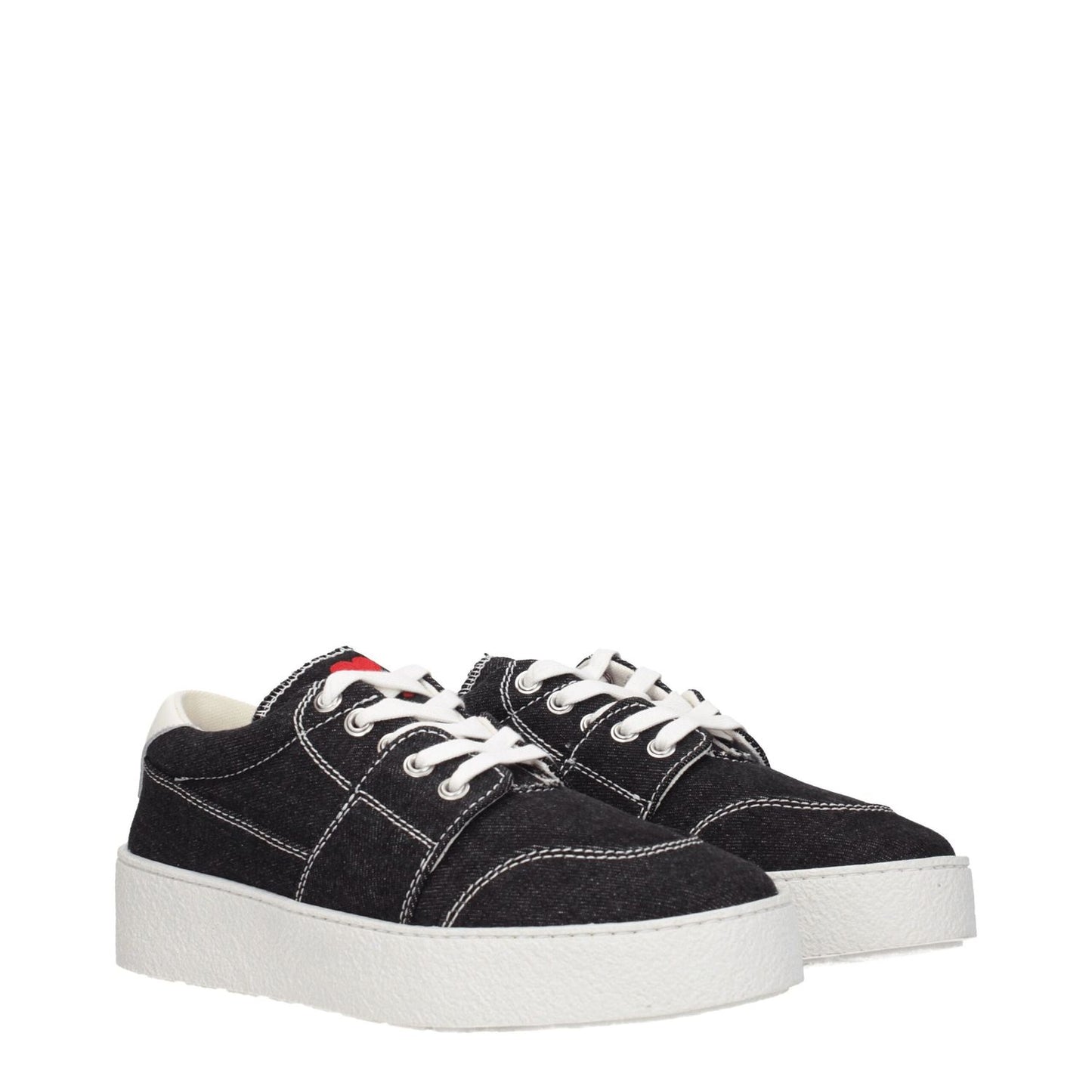 Ami Paris Black Fabric Low Top Sneakers with round toe, lace-up closure, mid heels, and rubber sole, featuring front detail and back logo.