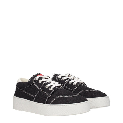 Ami Paris Black Fabric Low Top Sneakers with round toe, lace-up closure, mid heels, and rubber sole, featuring front detail and back logo.