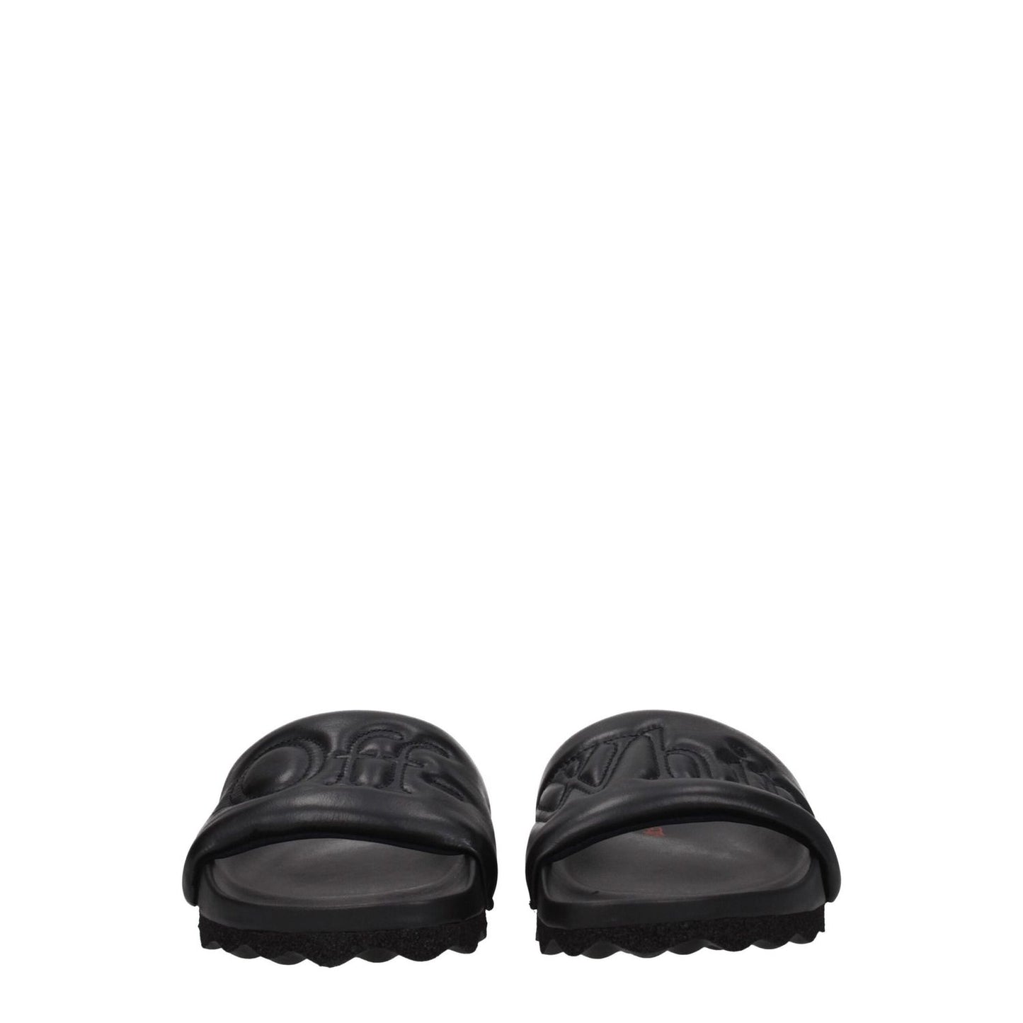 Off-White Black Leather Slippers with front logo, casual design, rubber sole, round toe. Style and comfort combined.