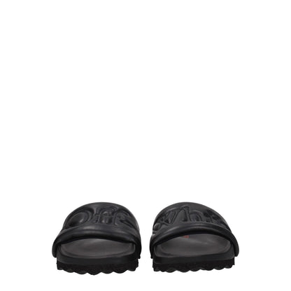 Off-White Black Leather Slippers with front logo, casual design, rubber sole, round toe. Style and comfort combined.