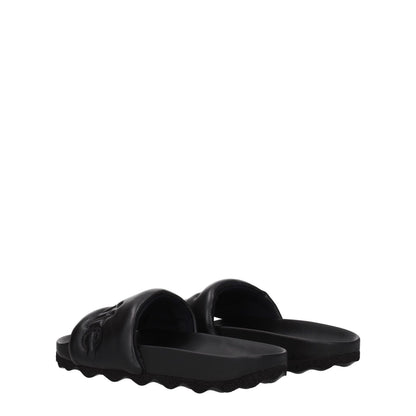 Off-White Black Leather Slippers with front logo, casual style, low flat heel, round toe, rubber sole, shown at an angle.