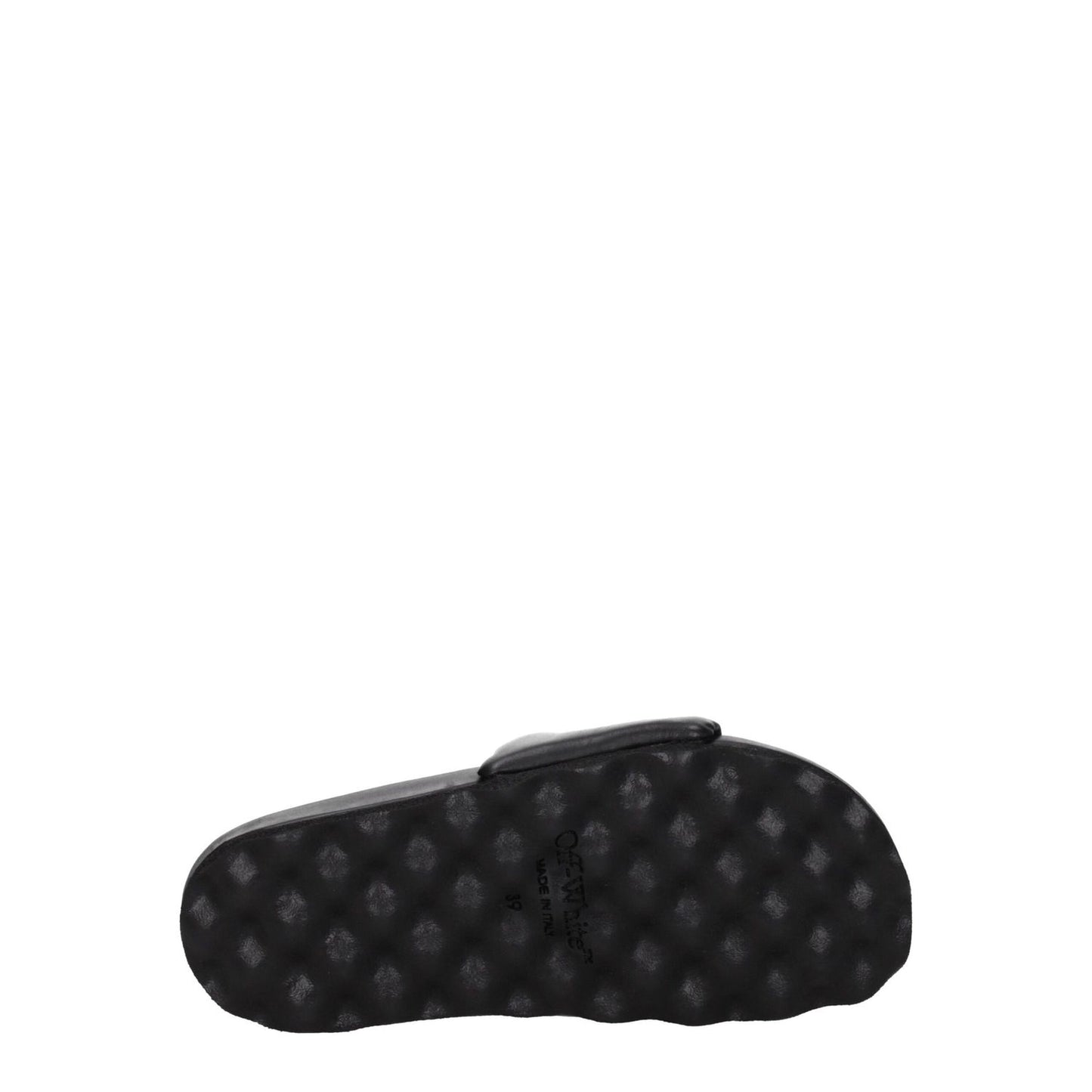 Off-White Black Leather Slippers showing rubber sole, low heel, and logo, perfect for casual wear.