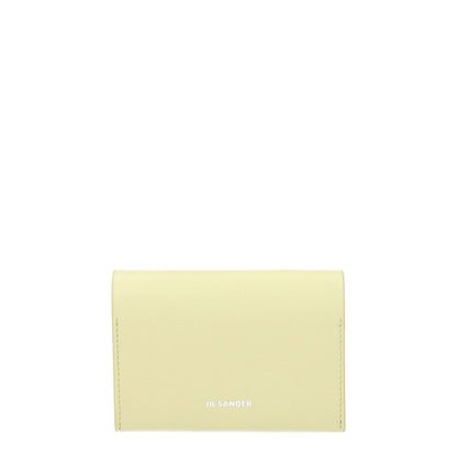 Jil Sander Yellow Leather Cardholder with logo, front view, 3 card slots, 7.5x10 cm, button closure, casual style, lemon secondary color.