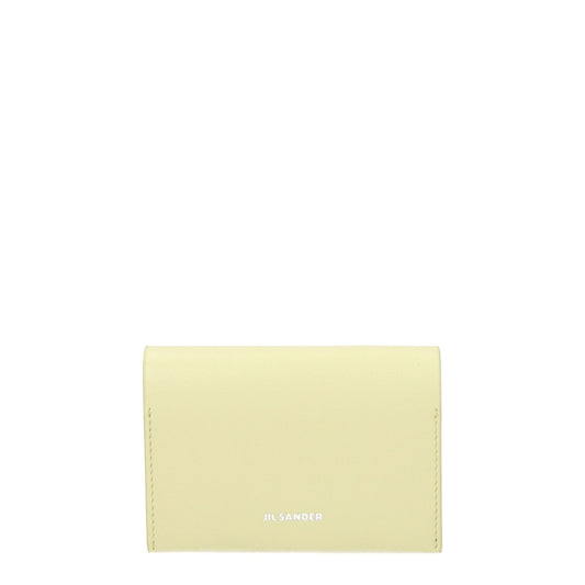 Jil Sander Yellow Leather Cardholder with logo, front view, 3 card slots, 7.5x10 cm, button closure, casual style, lemon secondary color.