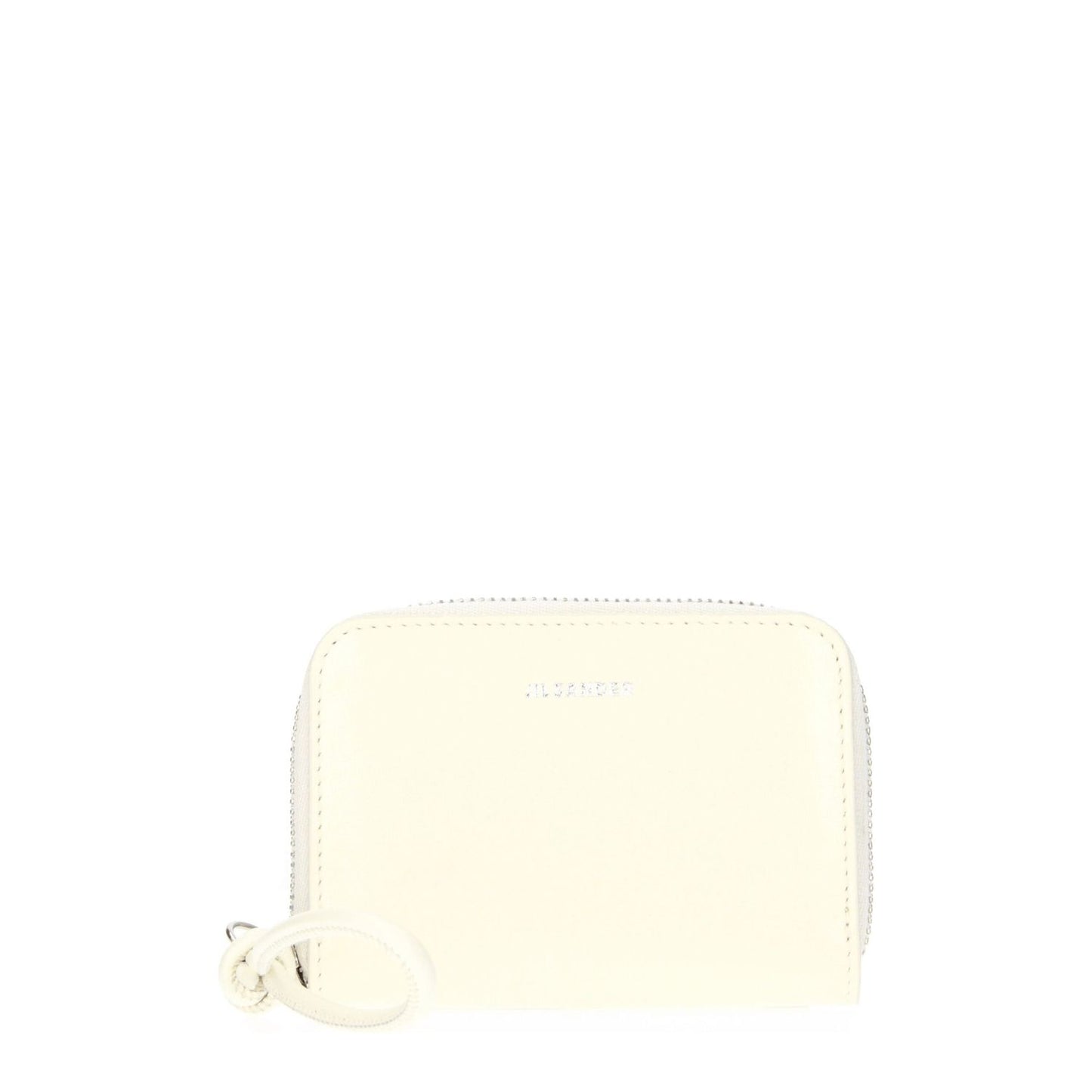 Jil Sander Beige Leather Wallet with front logo, zip closure, and milk secondary color, casual style, 7x10 cm size.