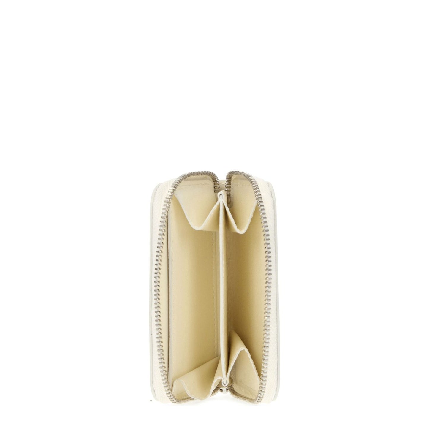 Interior view of Jil Sander Beige Leather Wallet with zip closure and multiple compartments, ideal for organized coin storage.