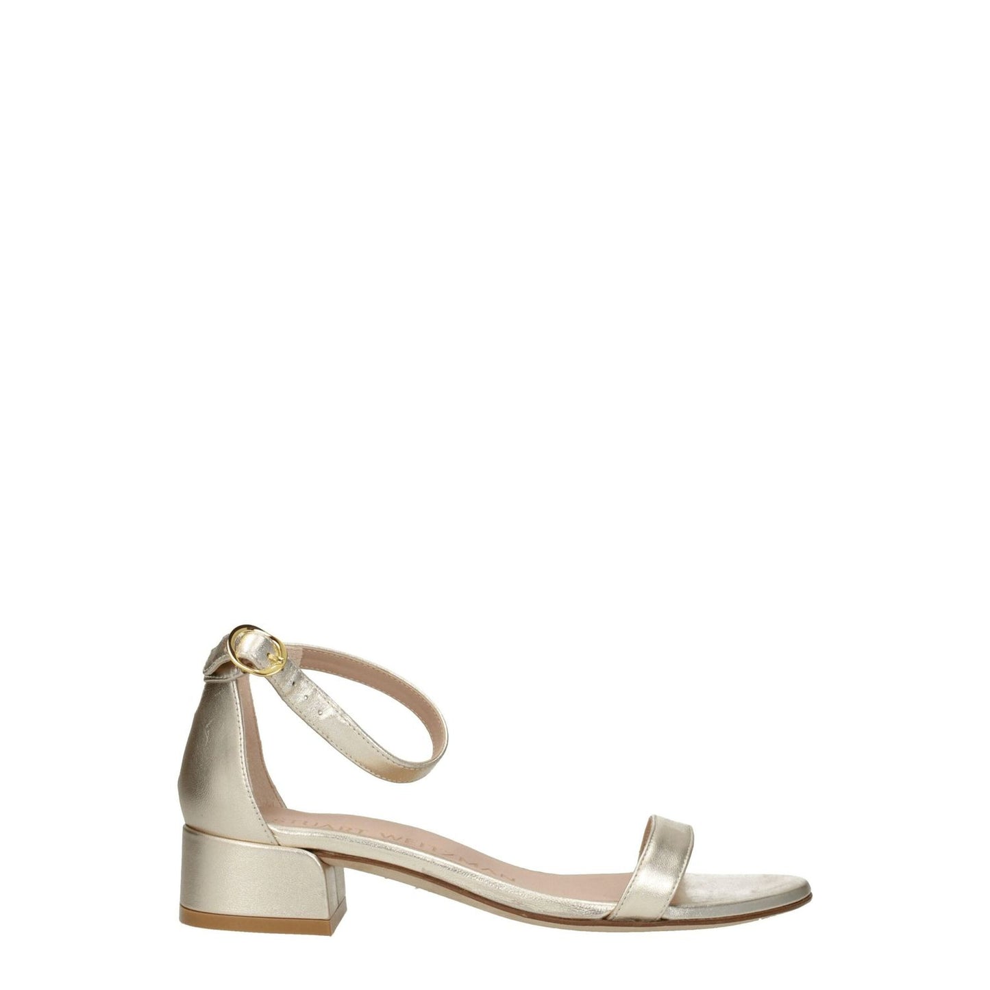 Stuart Weitzman Gold Leather Flat Sandals with buckle closure, open toe, and metallic platinum color, mid heels, and leather sole.