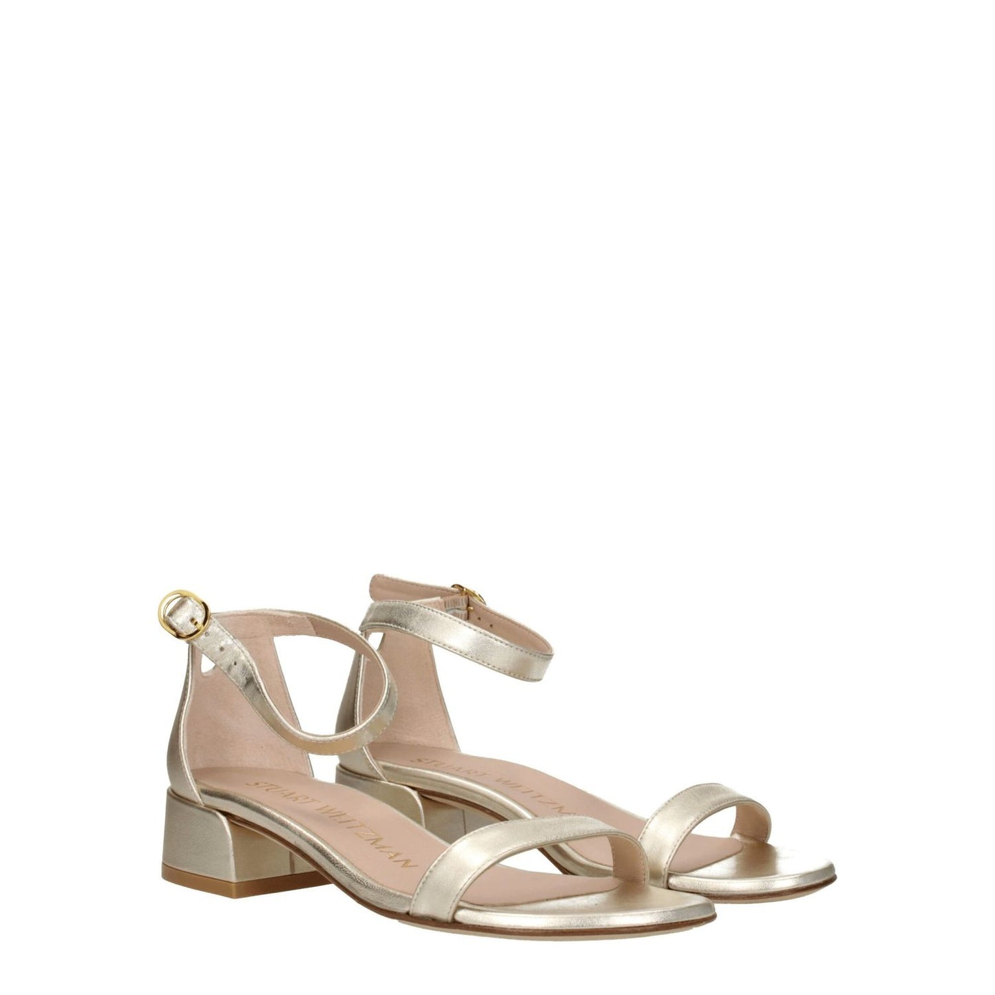 Stuart Weitzman Gold Leather Flat Sandals with buckle closure, mid heels, open toe, and metallic platinum finish. MPN NUDISTJUNELIDS0793PLATINO.