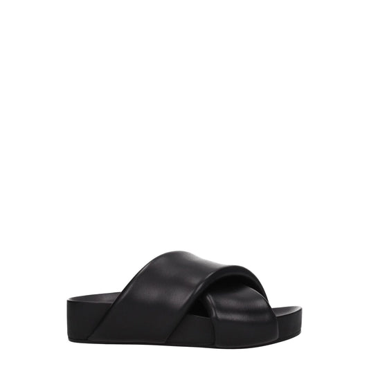 Jil Sander Black Leather Slippers, vintage effect, open toe, mid heel, casual leather clogs, MPN J15WP0043P5057001, sleek design.