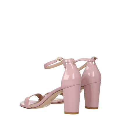 Stuart Weitzman Pink Leather Stiletto Heel Sandals with buckle closure, gold details, and open toe design.