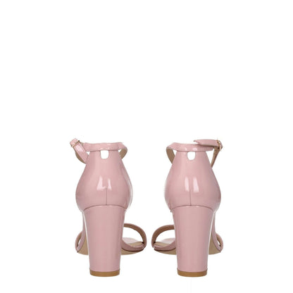 Stuart Weitzman Pink Leather Stiletto Heel Sandals with open toe buckle closure and gold accents, patent leather, 8cm mid heels