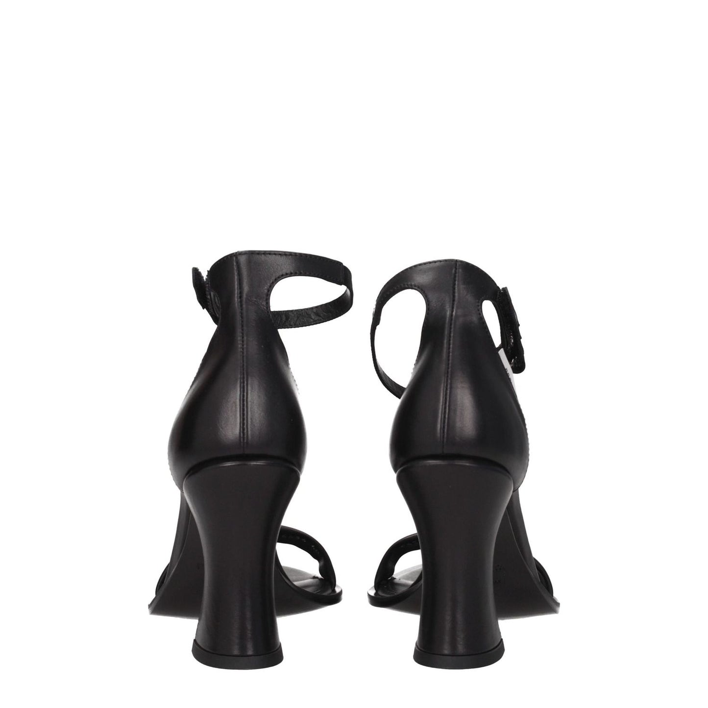 Premiata Black Leather Flat Sandals with buckle closure and high heel view from back. Open toe design with leather sole.