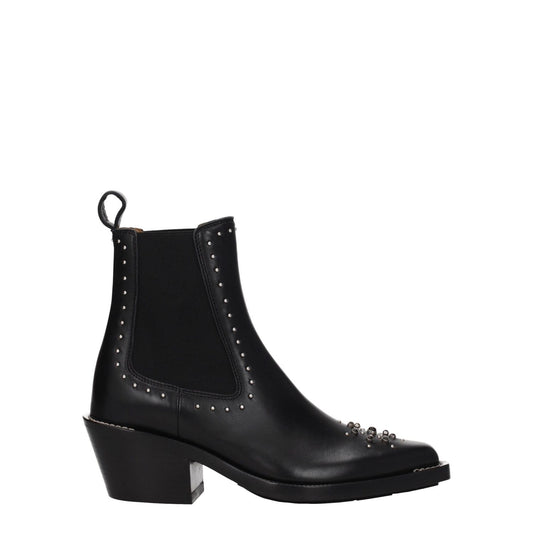 Chloé Black Leather Ankle Boots with silver studs and stones, square toe, mid heels, rubber sole, and casual style, MPN CHC22W705AV001.