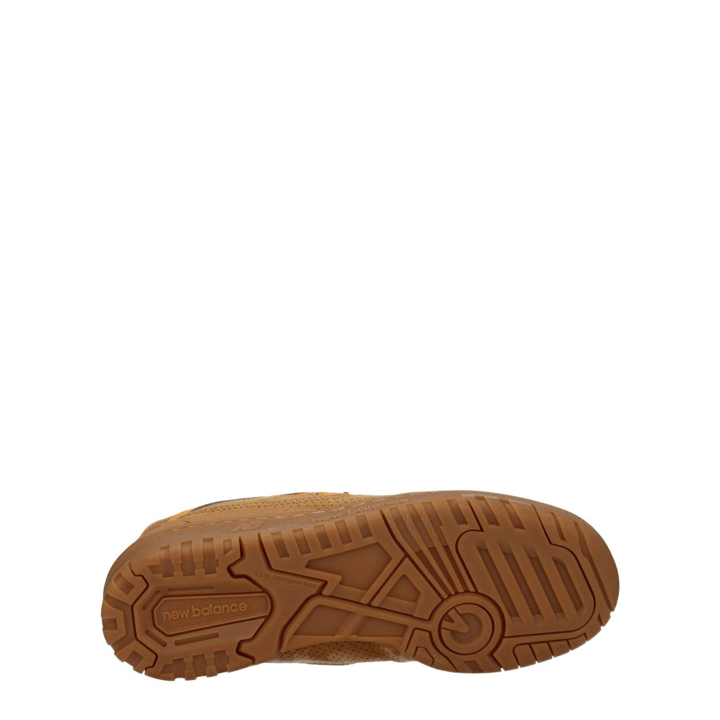 New Balance Brown Leather Sneakers with round toe, low flat heel, rubber sole, MPN UBB550WEA, showcase of sole design, casual suede style.