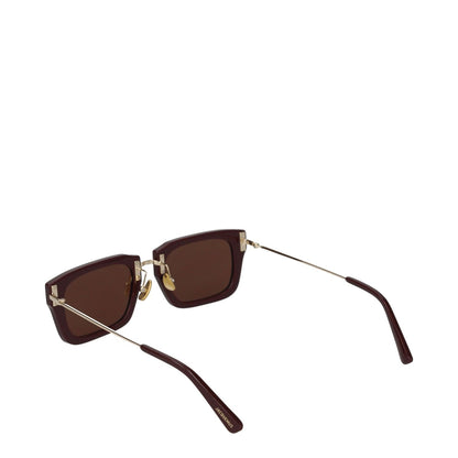 Jacquemus Brown Acetate Sunglasses with square frame, gold accents, 15.5 cm arms, 5.1 cm dark lenses. Includes protective case.