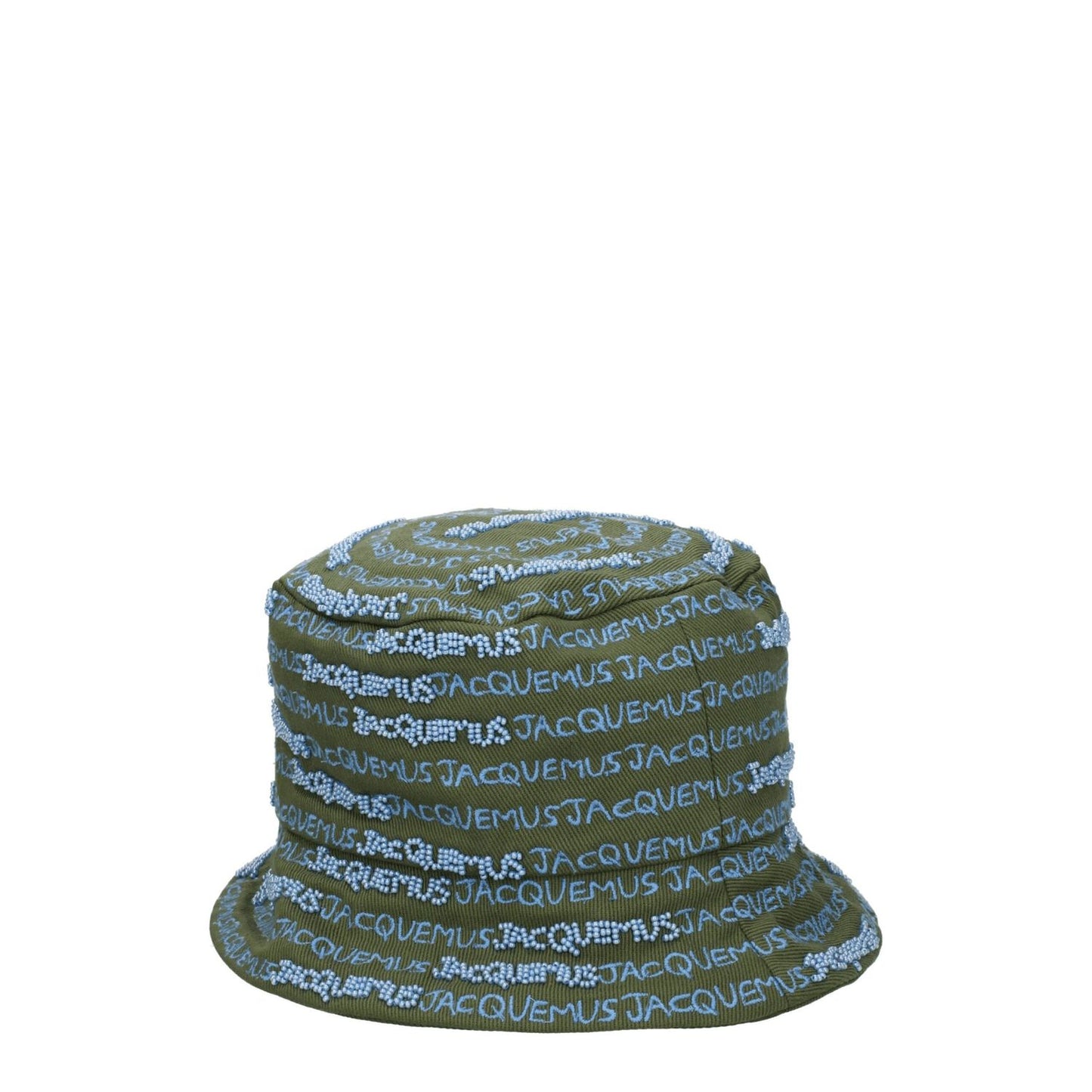 Jacquemus Green Cotton Bucket Hat with logo and beaded design, made of cotton, in khaki secondary color, casual style.