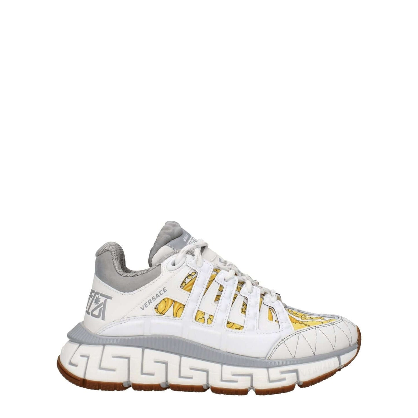 Versace White Fabric Athletic Sneakers with logos, rubber sole, and lace-up closure, featuring mid heel and round toe design.