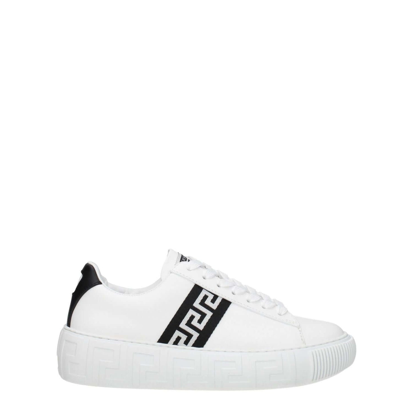 Versace White Leather Low Top Sneakers with black accents, casual style, round toe, lace-up closure, rubber sole. MPN: 10041841A007752W020.