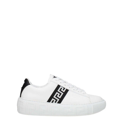 Versace White Leather Low Top Sneakers with black accents, casual style, round toe, lace-up closure, rubber sole. MPN: 10041841A007752W020.