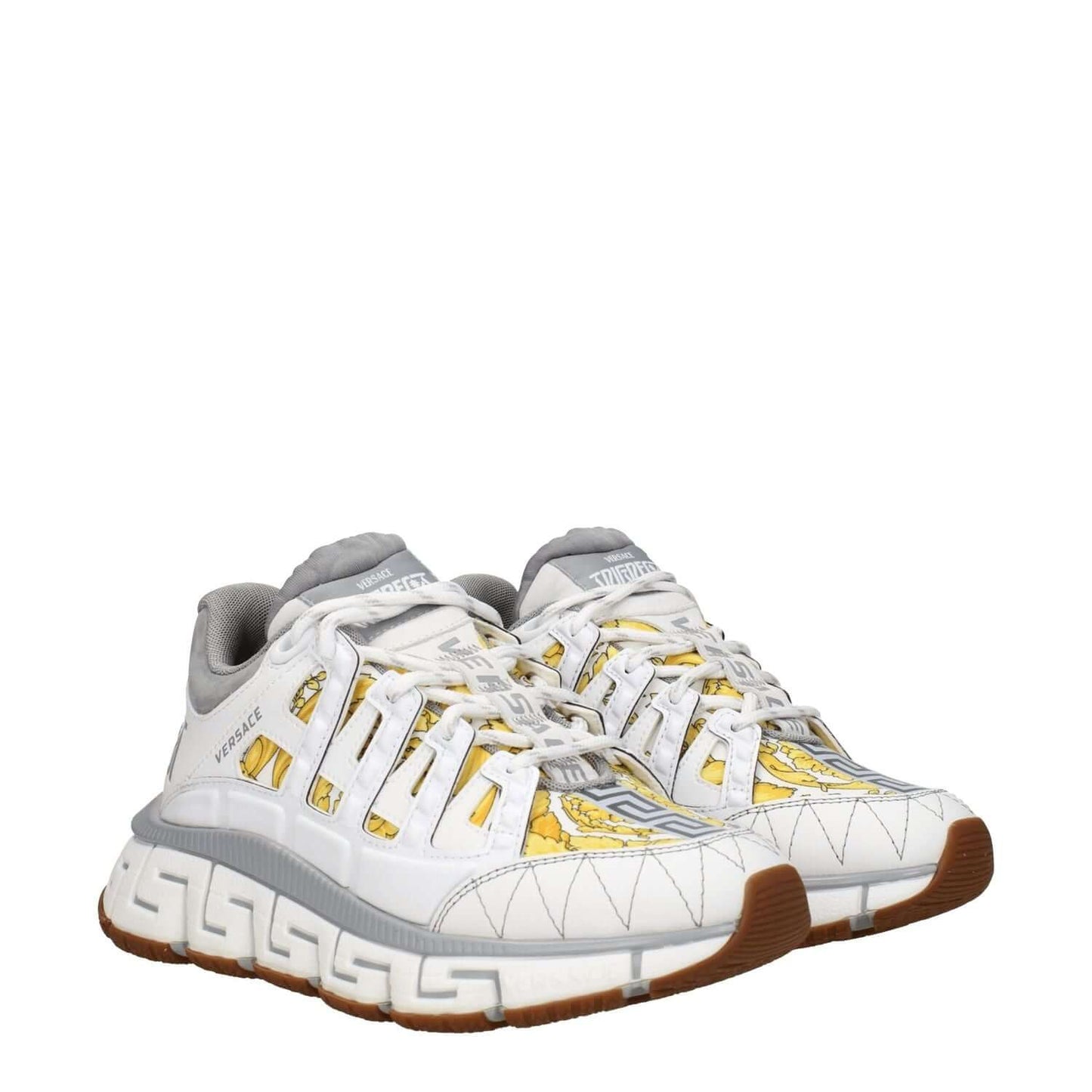 Versace White Fabric Athletic Sneakers with logos, lace-up closure, leather material, rubber sole, mid heel, and round toe design.