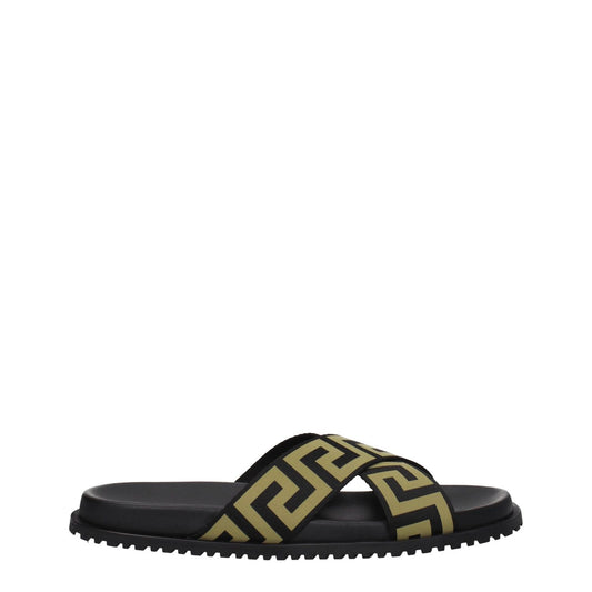 Versace Black Fabric Slippers with open toe design, rubber sole, and gold accents, ideal for casual style. MPN: 10083181A059582B150.